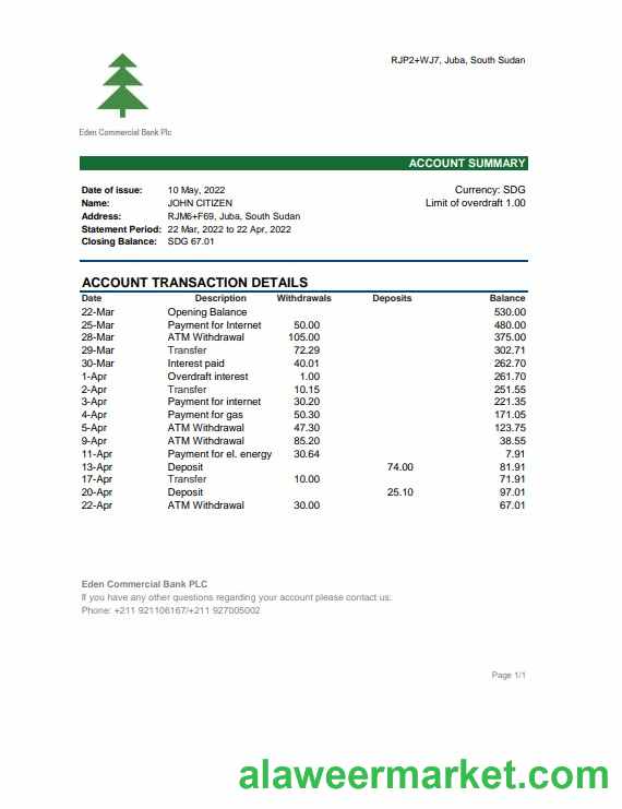 South Sudan Eden Commercial Bank statement, Excel and PDF template